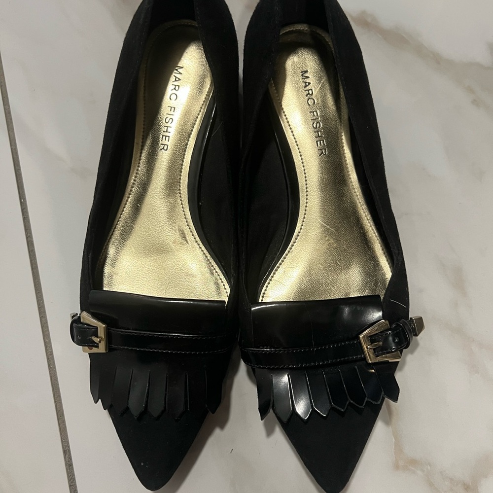Marc Fisher Black Loafers with Gold Buckle